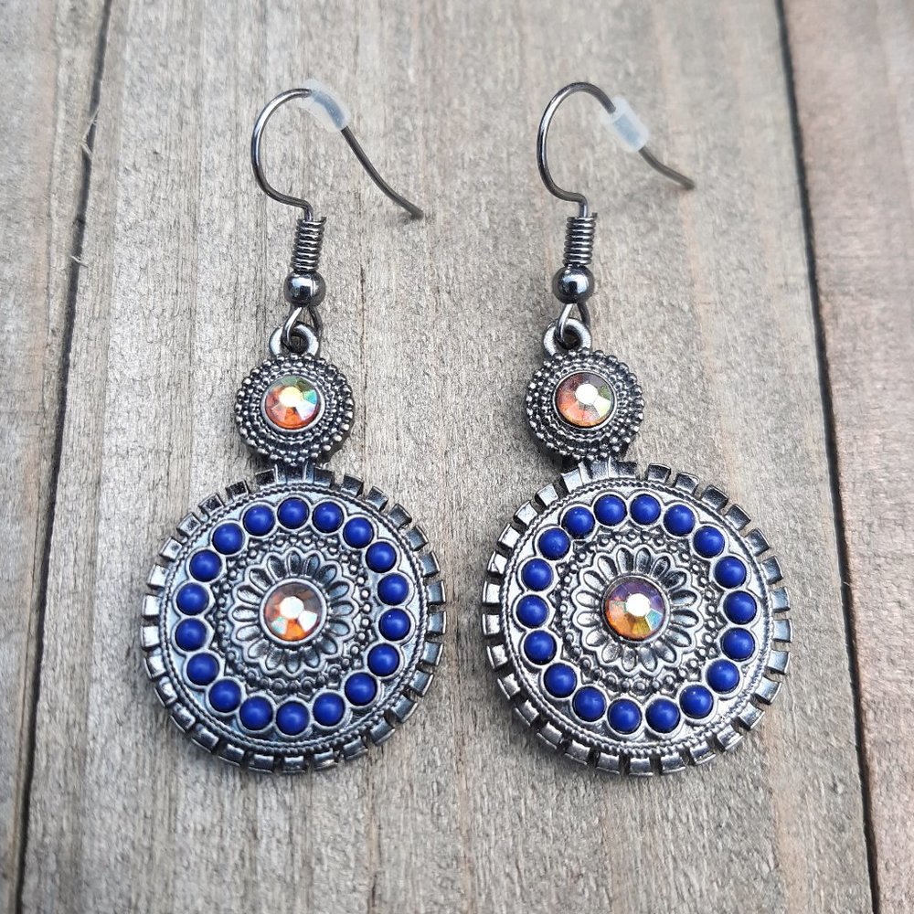 Grey Ornate Stacked Circle Earrings with Blue Accents